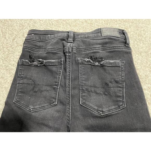 American Eagle Sz 0 Stretch Hi Rise Straight Leg Distressed Raw Hem Jeans Black - Picture 9 of 11